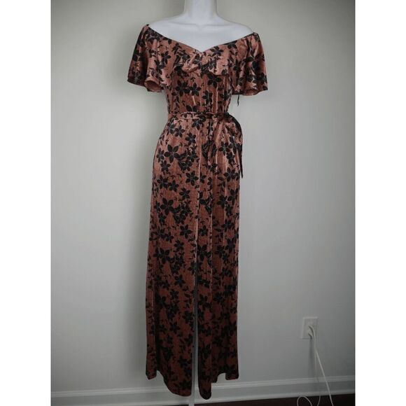 Unique Vintage mauve Sparkle & Black Floral Velvet Wide Leg Belted Jumpsuit XS - Picture 3 of 9